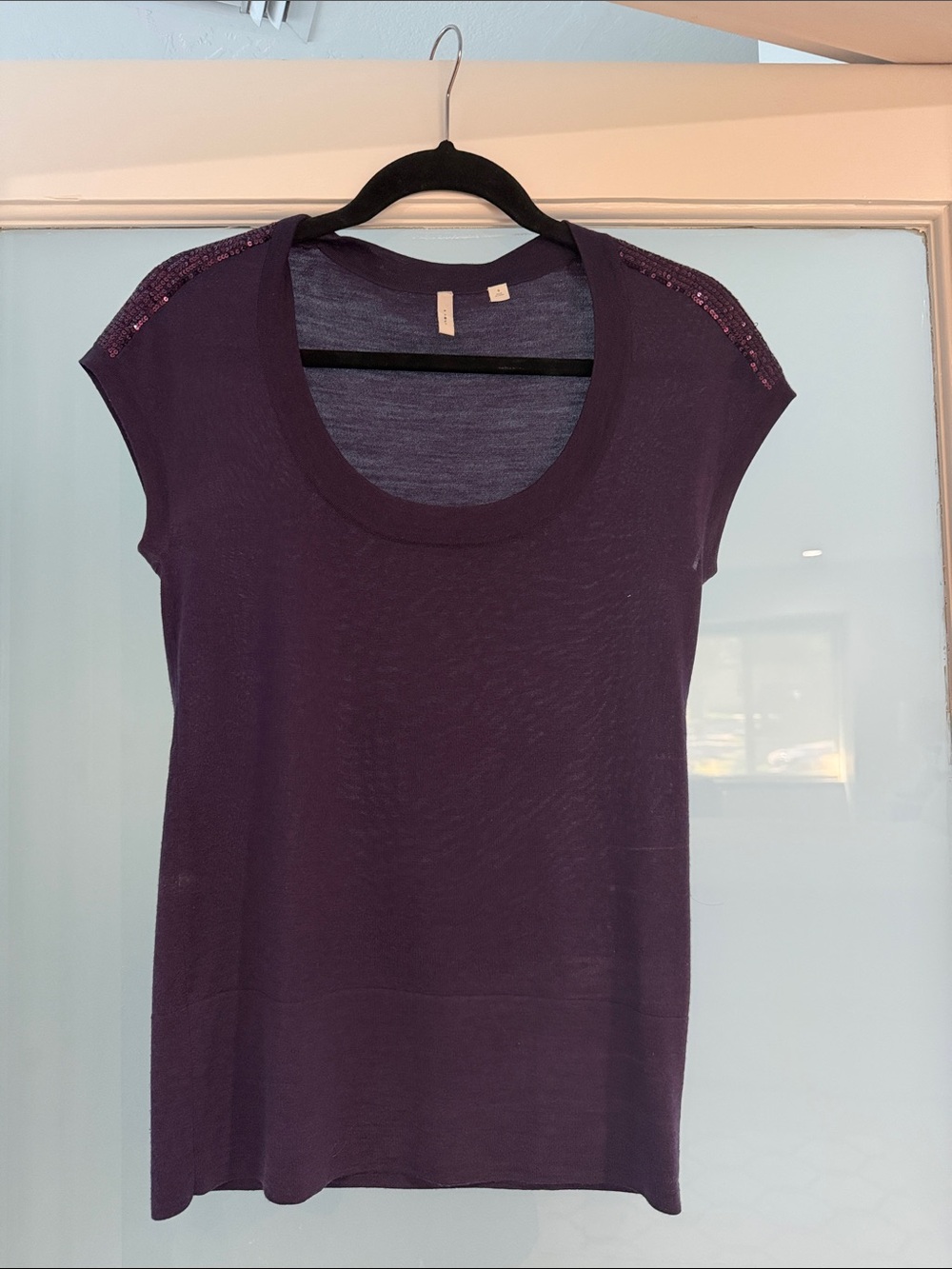 Women's Scoop Neck Short Sleeve Tee with Sequin Shoulder Detail - Dark Purple